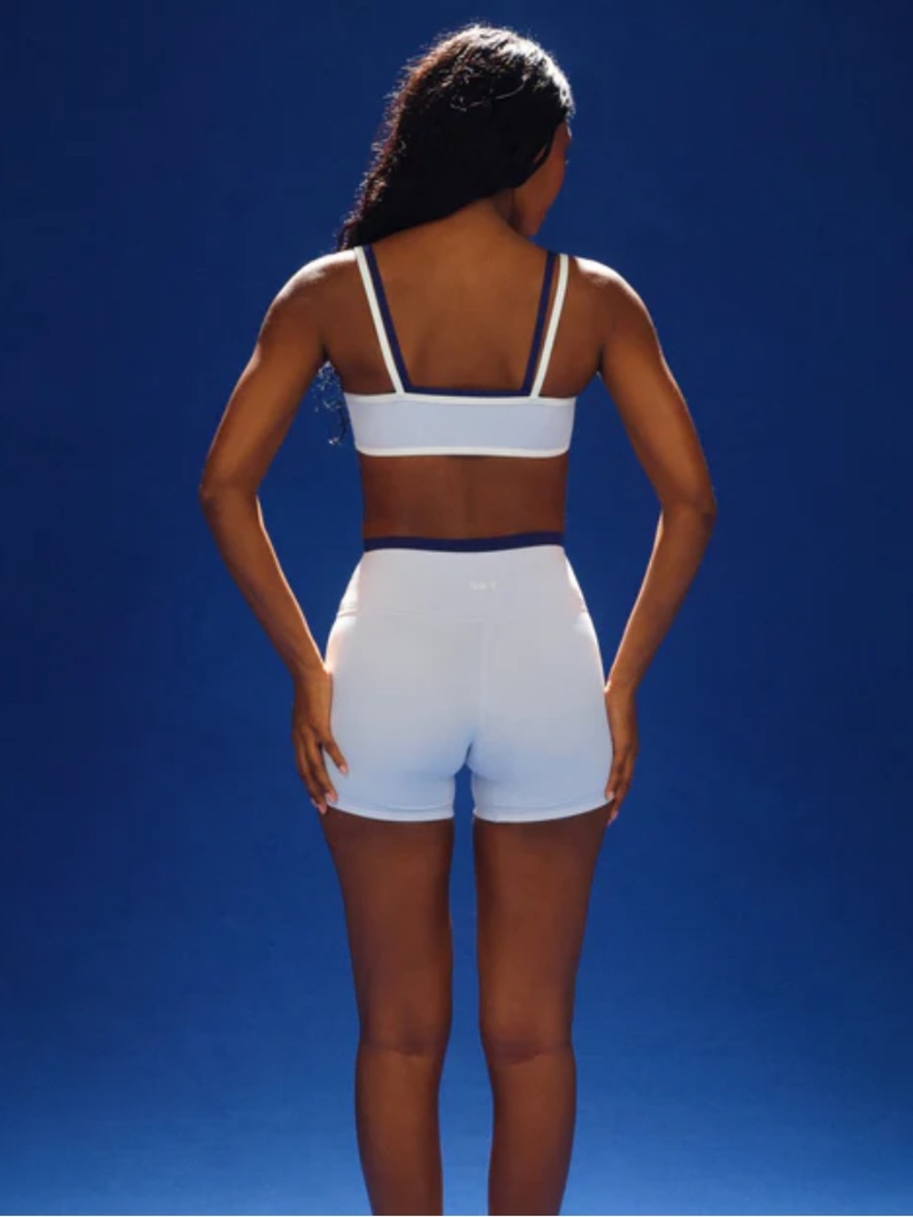 NWT SET Active High-Waist Pale Blue Performance Shorts with Navy Waistband - Picture 3 of 4
